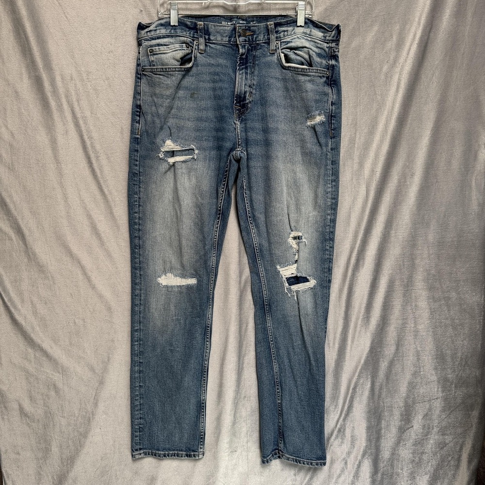 Old Navy Jeans Mens 36x32 Light Wash Slim Built In Flex Distressed Blue Denim